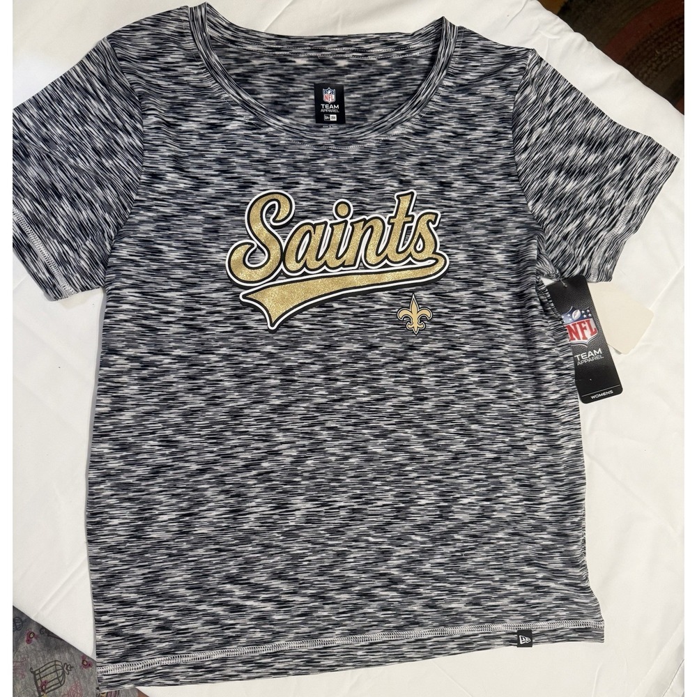 G0087-NFL New Orleans Saints Womens Space Dye T-Shirt Black White Gold Size M